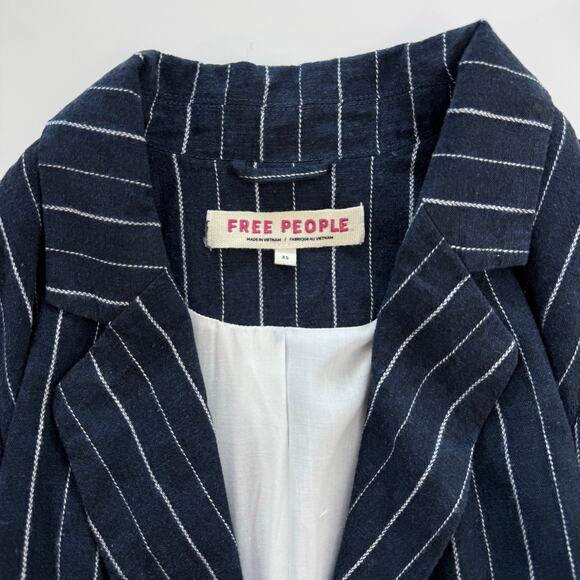 Free People Stella Striped Frayed-Hem Blazer Jacket Navy Blue XS Linen Cotton - Picture 9 of 12
